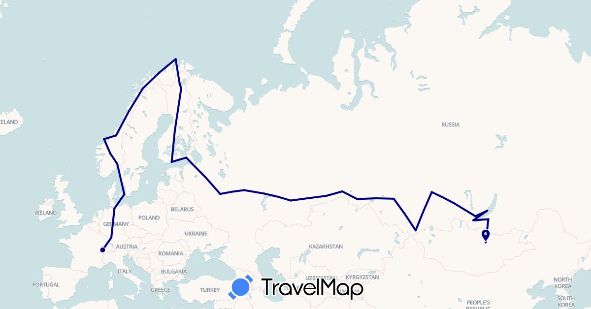 TravelMap itinerary: driving in Switzerland, Germany, Denmark, Finland, Mongolia, Norway, Russia (Asia, Europe)